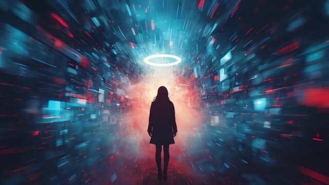 Silueta de mujer con aureola angelical sobre su cabeza frente a una explosi&oacute;n de colore y luz