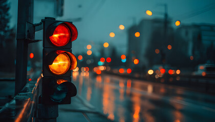 Red traffic light and yellow arrow signal at urban intersection during evening with blurred city lights and buildings