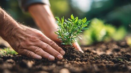 Fototapeta premium Close-up of hands planting a young tree, symbolizing growth, healing, and resilience