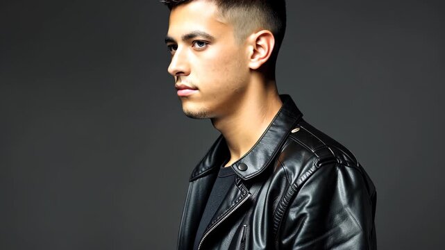 Stylish Profile: A confident individual with a modern haircut, wearing a leather jacket, embodying a blend of contemporary elegance and assertive style in a striking portrait.