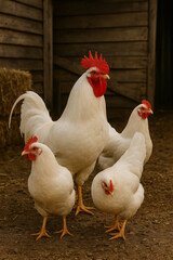 Fototapeta premium AI-generated image of a bright white Leghorn rooster with tall red comb stands proudly alongside several white hens in a rustic farmyard setting.