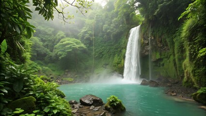 Obraz premium Lush Tropical Waterfall Cascading into Turquoise Pool