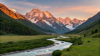Majestic Snow- Capped Mountains and Winding River at Sunset