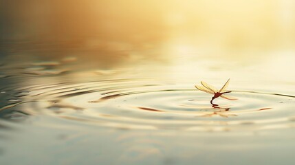 Dragonfly lands on rippling water with soft golden light