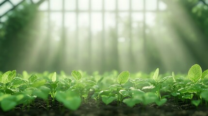 Sunbeams illuminate vibrant green seedlings growing in a greenhouse