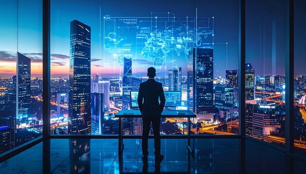 Businessman overlooking a futuristic cityscape at night