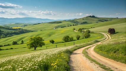Obraz premium Winding Dirt Road Through Rolling Green Hills and Wildflowers