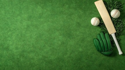 Cricket equipment laid out on a green textured surface
