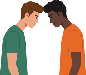 Fototapeta premium Two men facing each other showing respect and friendship in casual clothing illustration 
