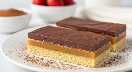 Cross-section view of rectangular Scottish caramel tart with biscuit base and milk chocolate topping on white plate with cocoa powder, white background	