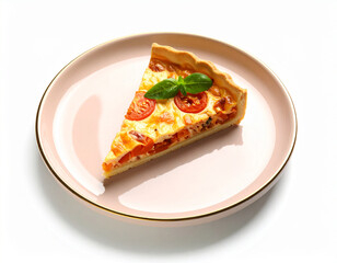 Delicious Slice of Quiche with Tomatoes and Basil on Elegant Pink Plate