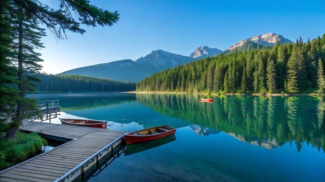 Wooden dock with canoes on a serene mountain lake Keywords: lake, dock, pier, canoes, boats - Powered by Adobe