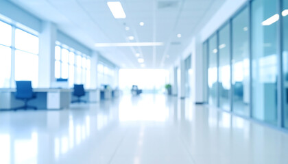 Fototapeta premium Abstract Blurred Modern Office Corridor: Bright, Clean, and Serene Workspace Interior Design.