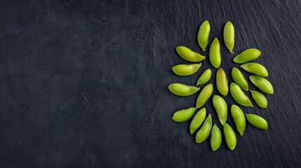 Fresh green edamame pods arranged on a dark textured surface