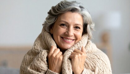 Happy senior woman wearing a knitted blanket