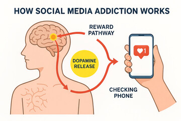 Illustration showing how social media addiction works with brain reward pathway, dopamine release, and checking phone demonstrated. concept of digital dependency, behavior patterns