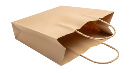 Kraft paper shopping bag with rope handles, transparent background