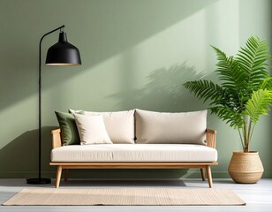 Modern Minimalist Living Room Interior with Beige Sofa, Fern Plant, and Sage Green Wall