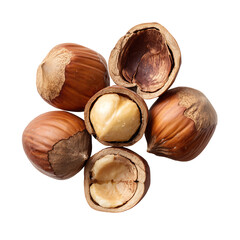 Close-up of Hazelnuts Whole and Halved, Isolated on Black Background