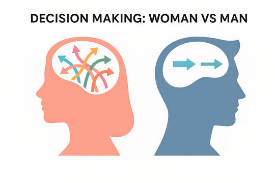 Illustration comparing decision making in woman and man with arrows in brain symbolizing thought processes. concept of gender differences, cognitive processes, mental strategy