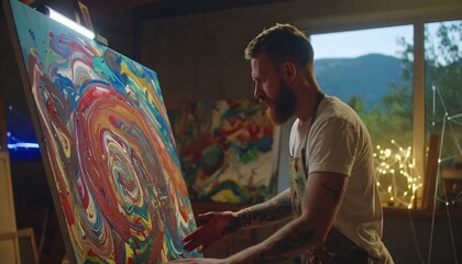 Artist examining a vibrant abstract painting in a studio