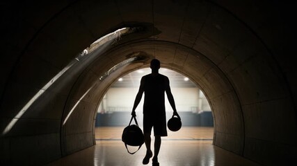 Silhouette of a focused basketball player emerging from the shadows towards the court anticipation