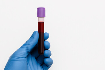 Close-up of hand in blue glove holding blood sample in test tube against white background. concept of medical testing, laboratory work, healthcare analysis