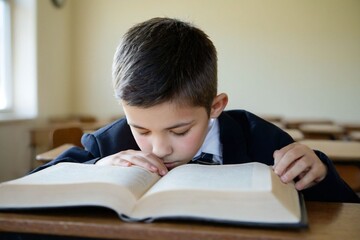 Portrait of a boy reading a book and falling asleep in the classroom