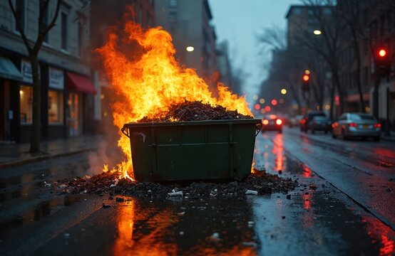 Urban street scene with dumpster fire disaster. Intense flames engulf container, spewing smoke into night sky. Wet asphalt reflects fiery glow from burning debris, traffic lights. City infrastructure