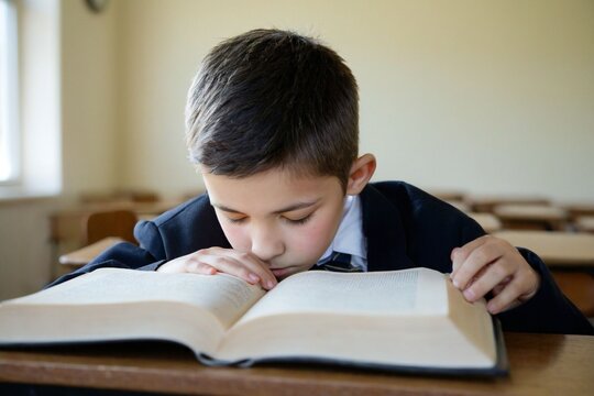 Portrait of a boy reading a book and falling asleep in the classroom