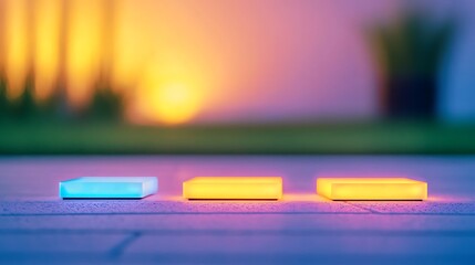 Three glowing rectangular lights on a textured surface with a blurred background