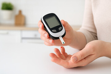 Person checking blood sugar level with glucometer in kitchen for health monitoring. concept of diabetes care, wellness routine, medical technology
