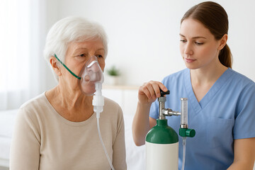 Nurse assisting elderly woman with oxygen mask during medical treatment in hospital. concept of healthcare, elderly care, professional nurse support