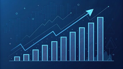 Blue bar graph with upward trending line and paper airplane