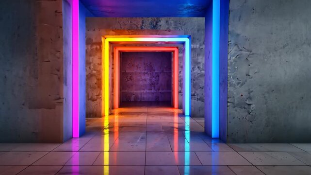 Illuminated Corridor: A captivating display of vibrant, geometric neon light frames, casting a modern and futuristic glow upon the raw concrete and tiled floor. 