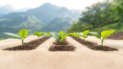 Young plants growing in rows with mountains in the background