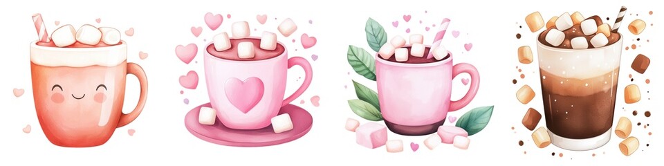 Four cute mugs with marshmallows and hearts in pastel colors, featuring hot chocolate and latte-themed decorations.