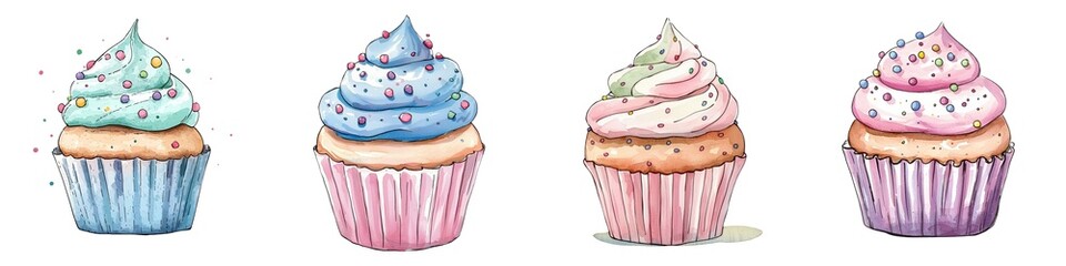 Four colorful cupcakes with pastel frosting and sprinkles are arranged in a row against a white background.