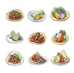 Illustration of nine different tacos with various toppings on white plates, arranged in a grid.