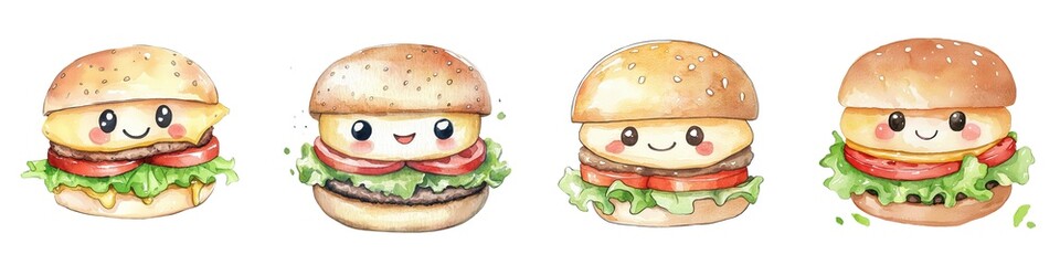 Four cute cartoon burgers with smiling faces, each featuring different toppings and watercolor-style illustration.