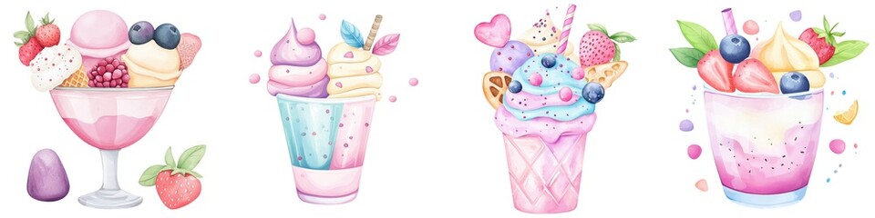 Watercolor desserts in glasses featuring ice cream, berries, and whipped toppings in pastel colors.