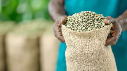 Hands holding a burlap sack filled with freshly harvested green coffee beans