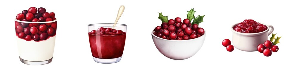 Four containers with cranberries and cranberry sauce, including fresh berries and festive garnishes, are displayed in a row.