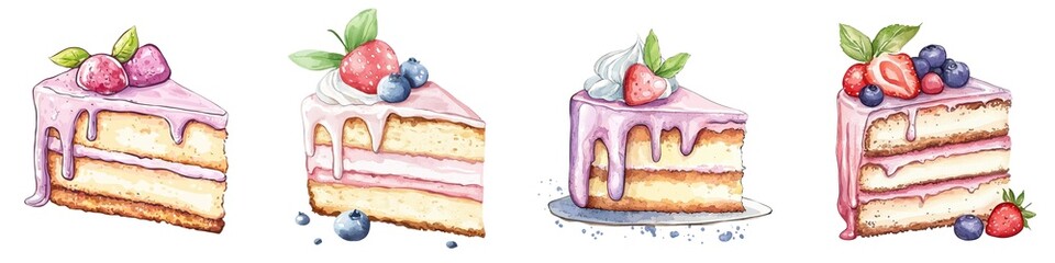 Four watercolor cake slices topped with berries and cream, each decorated uniquely with fruits and icing.