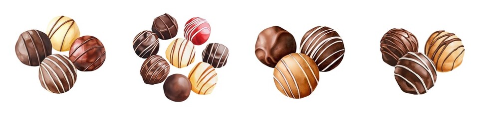 A variety of chocolate truffles with decorative drizzles are arranged in small groups on a white background.