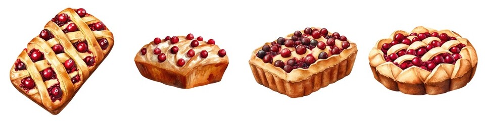 Four different cranberry pies with lattice and open tops, arranged in a row on a white background.