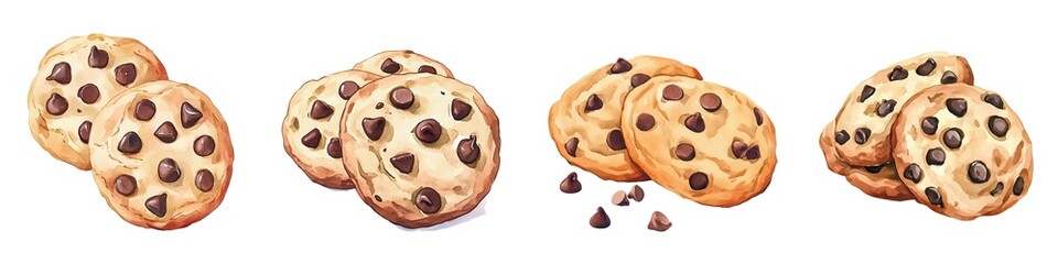 Three groups of chocolate chip cookies are arranged in a row with some scattered chocolate chips.