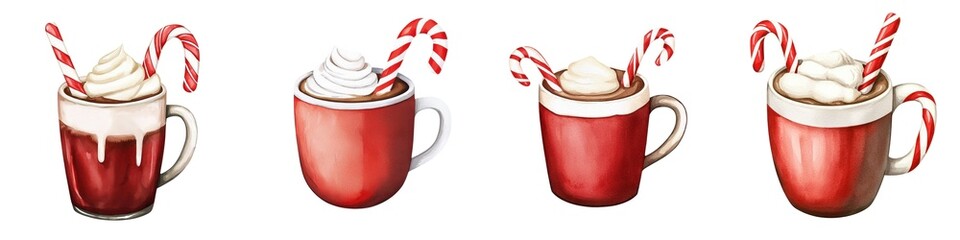 Four festive red mugs of hot chocolate topped with whipped cream, marshmallows, and candy canes, illustrated in a watercolor style.
