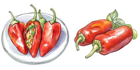 Illustrated red peppers, some stuffed and placed on a plate, others with leaves, depicted in a realistic watercolor style.