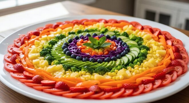 A vibrant rainbow salad artfully arranged on a white platter, featuring concentric circles of colorful vegetables and fruits. - Powered by Adobe